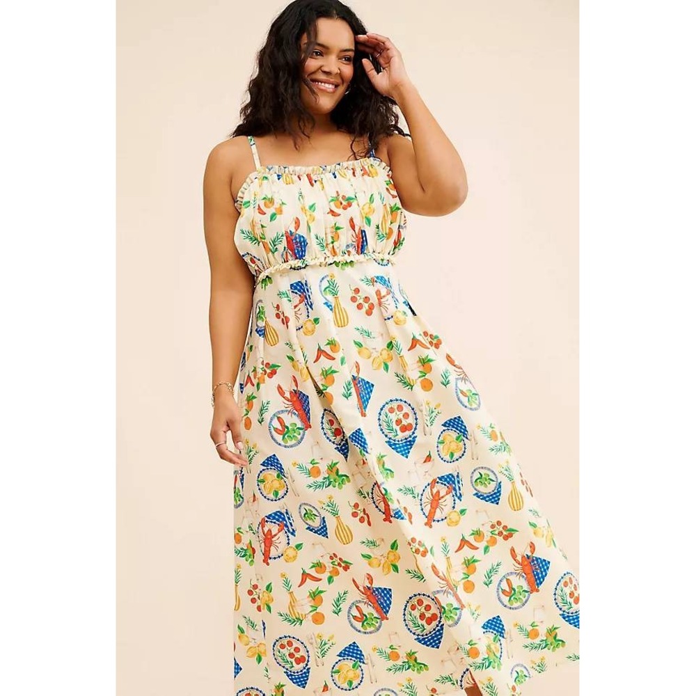 Anthropologie Eloquii Milk Maid Bodice Maxi Dress Lobster Picnic Print Garden 14